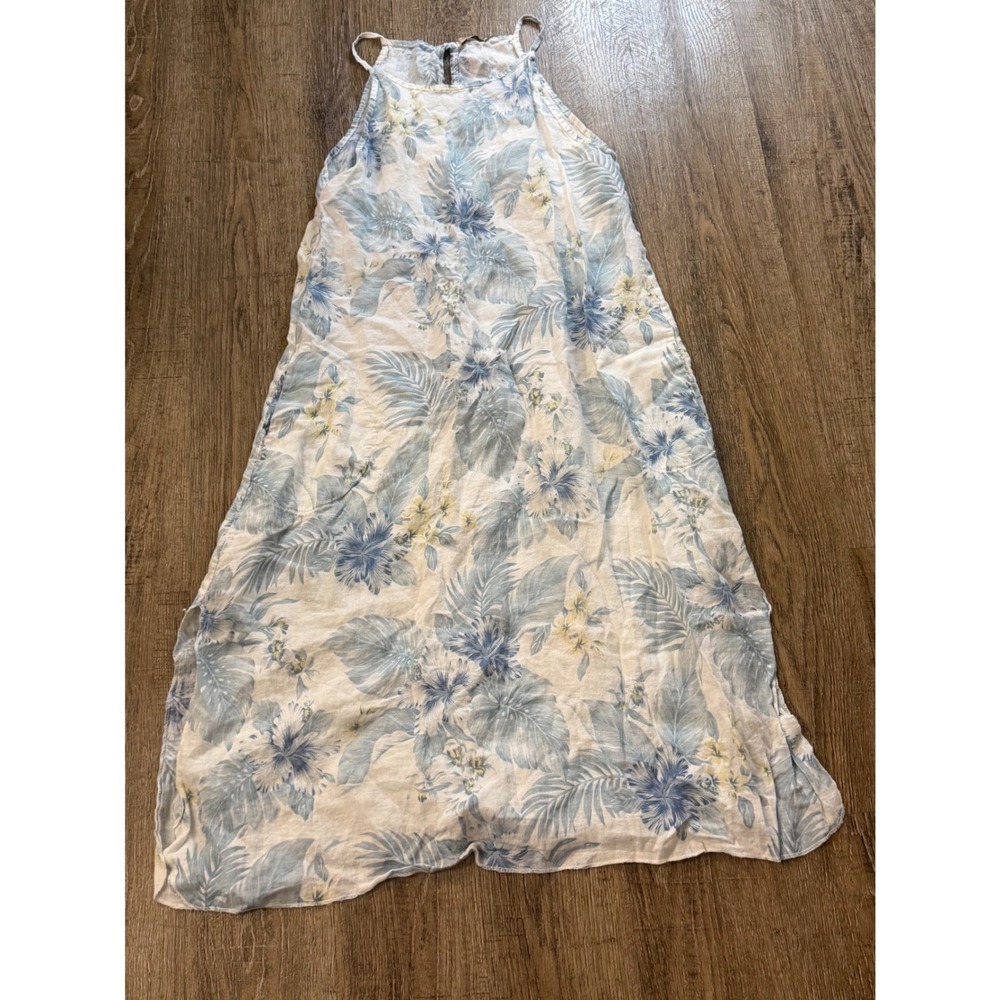 Lungolarno Italy Linen Halter Maxi Dress Blue White Tropical Floral Small LX9907